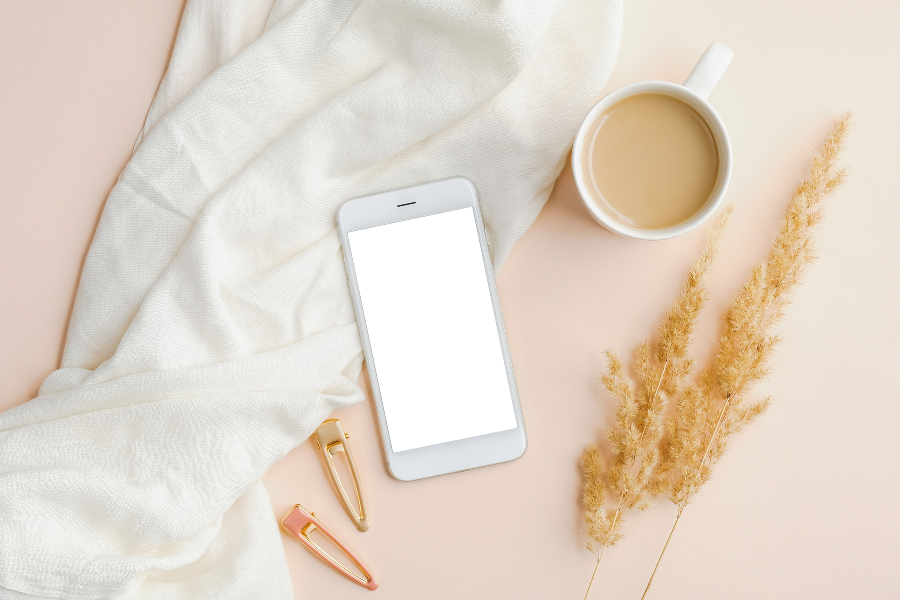  Cup of Coffee, Dry Flowers, White Blanket on Beige Background